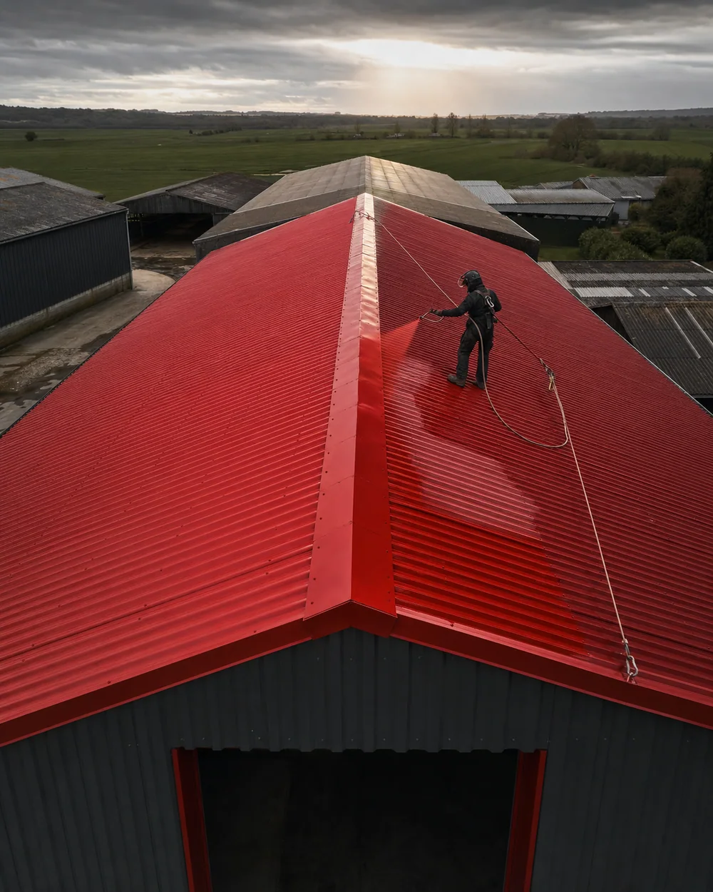 Peinture rouge d’une toiture de hangar agricole