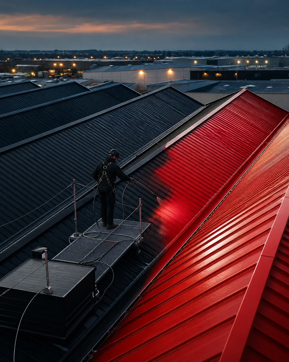 Rénovation rouge et noire d’une toiture industrielle